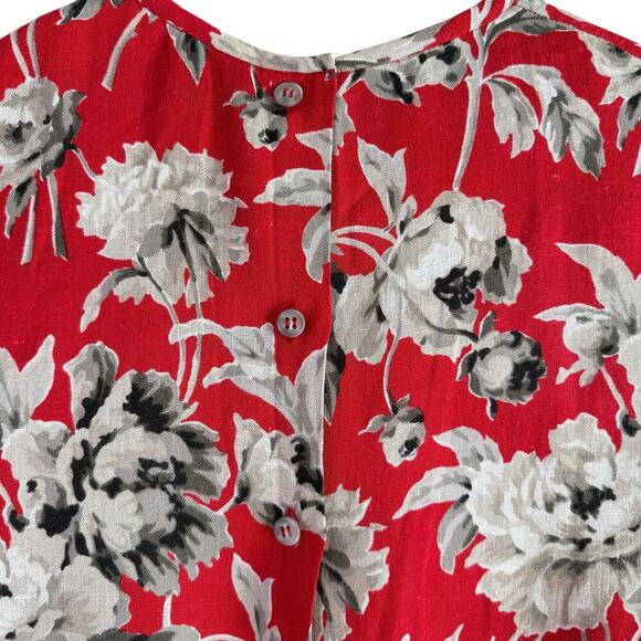 Vintage 80s Attaché Herman Geist Linen Red Floral Blouse Button Back Crewneck, 8 - Picture 8 of 10
